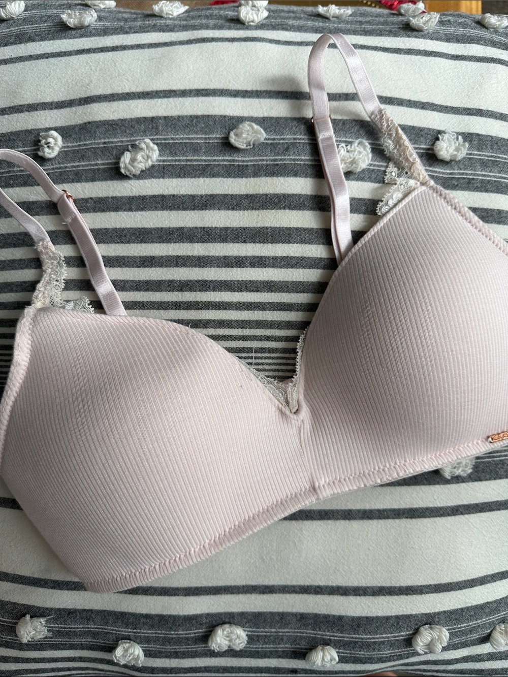 Ribbed Light Pink Wireless Lace-Trim Bra